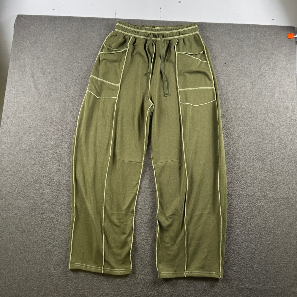 Nirovien Sweatpants Women M Green Wide Leg Contrast Stitch Lounge Casual Bottoms